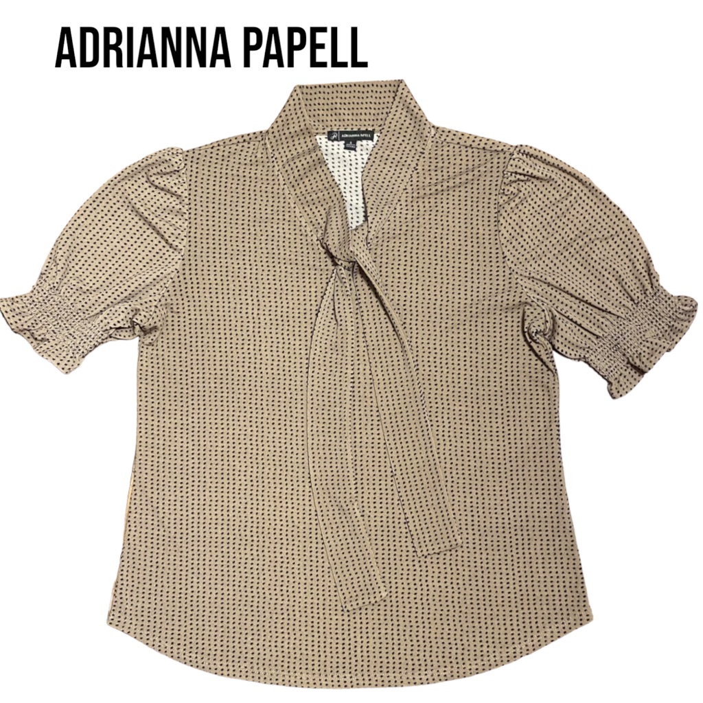 Adrianna Papell Polka Dot Ruffle Sleeve Tie Front Blouse Small Black Tan Office